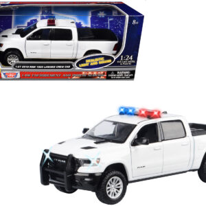 2019 RAM 1500 Laramie Crew Cab Pickup Truck White with Flashing Light Bar and Front and Rear Lights and Sounds 1/27 Diecast Model Car by Motormax