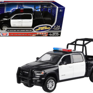 2019 RAM 1500 Laramie Crew Cab Pickup Truck with Bed Cage Black and White with Flashing Light Bar and Front and Rear Lights and Sounds 1/27 Diecast Model Car by Motormax