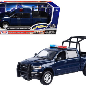 2019 RAM 1500 Laramie Crew Cab Pickup Truck with Bed Cage Dark Blue with Flashing Light Bar and Front and Rear Lights and Sounds 1/27 Diecast Model Car by Motormax