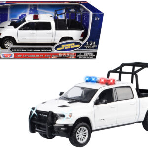 2019 RAM 1500 Laramie Crew Cab Pickup Truck with Bed Cage White with Flashing Light Bar and Front and Rear Lights and Sounds 1/27 Diecast Model Car by Motormax