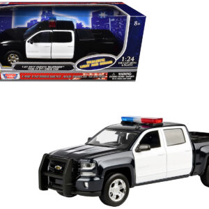 2017 Chevrolet Silverado 1500 LT Z71 Crew Cab Pickup Truck Black and White with Flashing Light Bar and Front and Rear Lights and Sounds 1/27 Diecast Model Car by Motormax