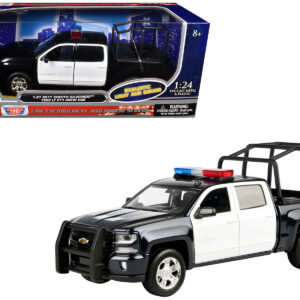 2017 Chevrolet Silverado 1500 LT Z71 Crew Cab Pickup Truck with Bed Cage Black and White with Flashing Light Bar and Front and Rear Lights and Sounds 1/27 Diecast Model Car by Motormax