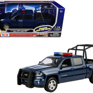 2017 Chevrolet Silverado 1500 LT Z71 Crew Cab Pickup Truck with Bed Cage Dark Blue with Flashing Light Bar and Front and Rear Lights and Sounds 1/27 Diecast Model Car by Motormax