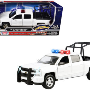 2017 Chevrolet Silverado 1500 LT Z71 Crew Cab Pickup Truck with White with Flashing Light Bar and Front and Rear Lights and Sounds 1/27 Diecast Model Car by Motormax