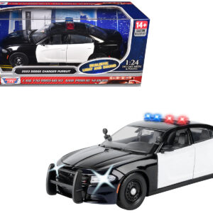 2023 Dodge Charger Pursuit Police Car Black and White with Flashing Light Bar Front and Rear Lights and 2 Sounds "Builder's Kit" 1/24 Diecast Model Car by Motormax