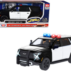 2025 Chevrolet Tahoe PPV Black and White "Builder's Kit" with Flashing Light Bar and Front and Rear Lights and Sounds 1/24 Diecast Model Car by Motormax