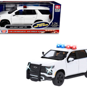2025 Chevrolet Tahoe PPV White "Builder's Kit" with Flashing Light Bar and Front and Rear Lights and Sounds 1/24 Diecast Model Car by Motormax