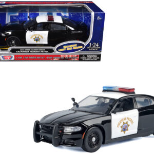 2023 Dodge Charger Pursuit Police Car "California Highway Patrol (CHP)" Black and White with Flashing Light Bar and Front and Rear Lights and Sounds 1/24 Diecast Model Car by Motormax