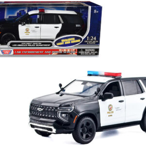 2025 Chevrolet Tahoe PPV "LAPD (Los Angeles Police Department)" Black and White with Flashing Light Bar and Front and Rear Lights and Sounds 1/24 Diecast Model Car by Motormax
