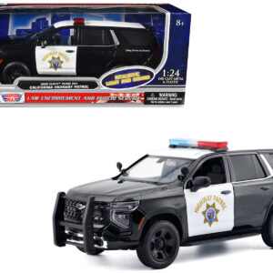 2025 Chevrolet Tahoe PPV "CHP (California Highway Patrol)" Black and White with Flashing Light Bar and Front and Rear Lights and Sounds 1/24 Diecast Model Car by Motormax