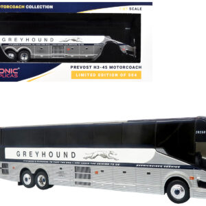 Prevost H3-45 Coach Bus "Greyhound Scenicruiser Service" White and Raw Metal "The Bus & Motorcoach Collection" Limited Edition to 504 pieces Worldwide 1/87 (HO) Scale Diecast Model by Iconic Replicas