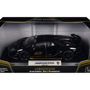 Lamborghini Aventador SVJ Roadster Black with Carbon Top and Gold Accents 1/18 Diecast Model Car by Heimanba