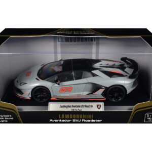 Lamborghini Aventador SVJ Roadster Matt Gray with Carbon Top and Orange Accents 1/18 Diecast Model Car by Heimanba