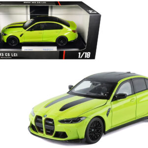 BMW M3 CS LCI Lime Green Metallic with Matt Black Top and Hood Stripes 1/18 Diecast Model Car by Heimanba