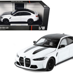 BMW M3 CS LCI White Metallic with Matt Black Top and Hood Stripes 1/18 Diecast Model Car by Heimanba
