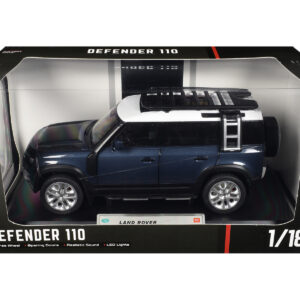 Land Rover Defender 110 Blue Metallic with White Top and Roof Rack 1/18 Diecast Model Car by Heimanba