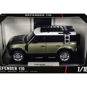 Land Rover Defender 110 Green Metallic with White Top and Roof Rack 1/18 Diecast Model Car by Heimanba