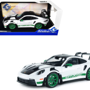 2024 Porsche 911 GT3 RS "Tribute to Carrera RS Package" White with Carbon Hood Stripes and Top and Green Side Stripes and Wheels 1/18 Diecast Model Car by Solido